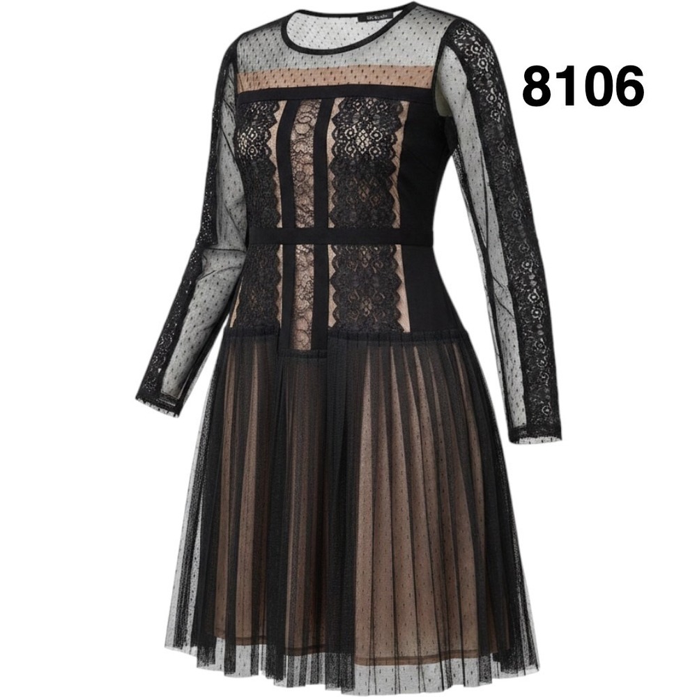 BCBGMAXAZRIA Stef Black Lace Mesh Pleated Long Sleeve Dress UEX67D94-001 NWT M